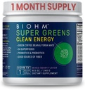 BIOHM Super Greens Clean Energy, Green Superfood Powder (8.5 Oz, 30 서빙) Gut Health & Cognition, 34 자연 과일, 야채 및 Prebiotics, Probiotics 및 효소와 허브 추출물 지원