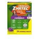 Zyrtec 아이들의 24 시간 알레르기 완화를 위한 염료 자유로운 Chewables, 10 mg Cetirizine 염산염 항히스타민 정제, 아이 알레르기 약 Relieves Sneezing & Itchy Throat, 포도, 24 ct
