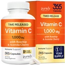 Purely Holistic 비타민 C 1000mg, 365 캡슐, 12 개월 공급, 아스코르브산, 로즈힙 & Acerola Cherry Bioflavonoid, Immune 시스템 지원, 비건