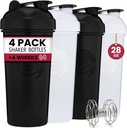 GOMOYO 4-Pack - 28 Ounce Protein Shaker Bottle for Mixes, 4xWire Whisk, 누출 증거 대량 보충 혼합 및 사전 운동 셰이커 컵, Dishwasher Safe & BPA Free, Black & White