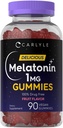 Carlyle Melatonin 1mg Gummies | 90 개 | 과일 맛 거미 보충 | Vegan, Non-GMO, 글루텐 무료