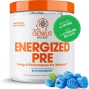 Genius Energized Pre Workout Powder – 베타 알라닌 및 알파 GPC, 인공 감미료 또는 염료와 함께 Caffeine 주입 전 운동 부스터 보충 - 200mg 카페인, 20 서빙, 블루 라즈베리