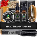 XIKEZAN Beard Kit for Men Grooming & Straightening Set,w/Beard Straightener, 2 Pack Oil, Balm, Comb, Scissor, Brush, 생일 발렌타인 선물을 위한 아버지 남자 Boyfriend Christmas Stocking Stuffers