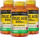MASON NATURAL Folic Acid 800 mcg - 건강, 무드 및 예비 치료를위한 일상적인 보충, 어린이 연령의 여성을위한 100 정제 (패치 3)