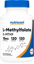 Nutricost L-Methylfolate 15mg, 120 캡슐 (5-MTHF) - Vegan, 비 GMO, 글루텐 무료