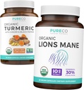 Turmeric & Lions Mane (1 개월 공급) Black Pepper & Ginger (120 모자) 및 Organic Lions Mane Mushroom 10 : 1 추출물 (60 모자)가있는 유기 Turmeric Curcumin의 심층적 인 묶음