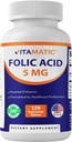 Vitamatic Folic Acid 5mg (5000 mcg) - 120 채식 정제 셀룰러 건강, 심장 지원 및 예비 치료를위한 높은 효능 비타민 B9 (Folate)
