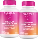 핑크 Stork 프리미엄 Prenatal Gummy 비타민 DHA, Folate 및 비타민 D - 60 Vegan Gummies - 2 팩