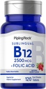 Piping Rock Vitamin B12 하위 언어 | 2500 mcg | 120 정제 | Folic Acid | 여성과 남성용 보충 | 베리 맛 | 채식주의, 비 GMO, 글루텐 프리