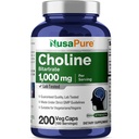 NusaPure Choline Bitartrate 1000 mg 200 Veggie 캡슐 (Vegan Vegetarian, 비 GMO)