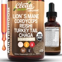 유기 사자 Mane 버섯 보충 액체 드롭 + 터키 꼬리 Cordyceps Reishi Chaga Shitake Maitake Tremella Oyster Mushrooms Poria 및 Enokitake Complex Blend by Clean Nutra