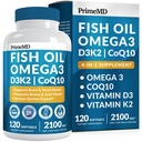 4-in-1 생선 오일 오메가 3 지방 보충제 (2100mg) - 비타민 D3 K2 및 CoQ10이있는 오메가 3 생선 오일 - 레몬 맛 (120 softgels)