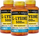 MASON NATURAL L-Lysine 칼슘 500 mg - 향상된 면역 기능, 향상된 영양 흡수, 에센셜 아미노산, 100 정제 (포장 3)