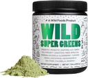 Wild Foods Raw Super Greens Powder Daily Juice Drink with Probiotics and Digestive Enzyme Blend - 전체 식품 소스, 46 식물 기반 영양소, 비 GMO, Spirulina, Chlorella, Wheatgrass (30 인분)