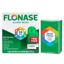 Flonase Allergy Relief Nasal Spray, 24시간 Non-Drowsy Multi-Symptom Relief – 144 스프레이 (패키지 2) 플러스 Tissues의 보너스 팩