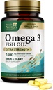 오메가 3 생선 기름 2400 mg - 트리플 강도 오메가 3 보충제 - 천연 두뇌 심장 건강 및 면역 지원 - EPA 및 DHA와 지방산 - 야생 잡힌 정제 생선 기름 보충 - 60 Softgels