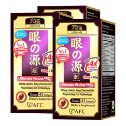 AFC Japan Ultimate Vision PRO - 개선 된, 최대 공급형 - Lutein, Zeaxanthin 4X, Bilberry, Blurry Dry Eyes, Macular Health & Focus, 45 Softgelsx3를 가진 눈 건강을 지원하는 비타민