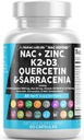NAC 보충교재 N 아세틸 Cysteine 비타민 D3 K2 아연 Quercetin Sarracenia Purpurea Immune 지원 | Elderberry Holy Basil Bee Propolis Bromelain L-Lysine 캡슐은 여성 남성 성인을 위해 보충합니다