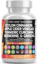 Clean Nutraceuticals Ceylon Cinnamon 캡슐 + Berberine Turmeric Apple Cider Vinegar Ginseng Bitter Melon Gymnema 우유 이틀 Fenugreek 보충교재 약 분말 남성 & 여성을 위한