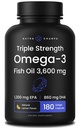 세 배 힘 오메가 3 생선 기름 3600 mg | EPA & DHA | 180 Softgels | Burpless Fish Oil Supplement, Wild Caught | 2100mg 오메가 3 지방산 보충제 | 천연 레몬 맛 오메가 3 알약