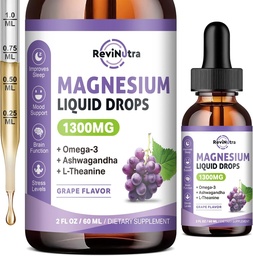 Triple Magnesium Complex Liquid Drops - 1300mg 마그네슘 글리세라이드, 오메가 3, L-Theanine, Ashwagandha, 칼륨 - 지원 수면, Nerve, Immune, 에너지 - 포도 맛, 2 Fl OZ