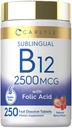 Carlyle Vitamin B12 하위 언어 2500 mcg | 250 빠른 용해 정제 | 성인을위한 Folic Acid와 Cyanocobalamin 보충 | 천연 베리 맛 | 채식주의, 비 GMO 및 글루텐 무료