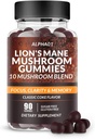버섯 Gummies - Ashwagandha 및 Lion Mane가있는 10x 버섯 보충 - Nootropic Brain Supplement, 면역 지원 및 스트레스 완화 (90 CT) 클래식 코크