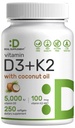 DEAL SUPPLEMENT 비타민 D3 5,000 IU + K2 MK7 100mcg Softgels | 2in-1 Complex with Virgin Coconut Oil | 서포트 하트, 뼈, 치아 및 면역 건강 | 삼키게
