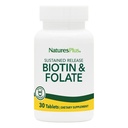 Natures Plus Biotin & Folic Acid (Methylfolate), 지속 릴리스 - 30 채식 정제 - 비타민 B7 & 비타민 B9, 머리 성장 지원, 에너지 부스터, Prenatal 비타민 - 글루텐 - 무료 - 30 서빙