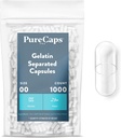 PureCaps USA - 빈 젤라틴 캡슐 크기 00| 1,000 별도의 알약 |Clear| Non-GMO 인증 | SLS, 글루텐, 보존 무료