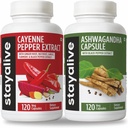 STAY ALIVE 카이엔과 Ashwagandha 번들 w/Black Pepper Extract Capsules, 240 Vegan Pills, Non-GMO & Gluten 무료 Ashwagandha Cayenne Pepper Supplement