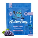 Waterboy 주말 복구 | 3,187mg 전해질 분말 패킷 | 생강 + L-Theanine + 비타민 | 설탕 없음, 모든 자연, 글루텐 무료 | 24 음료 스틱 혼합 (Grape)