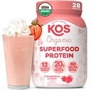 KOS Vegan Protein Powder, Strawberry & Cream USDA Organic - 낮은 Carb Pea Protein Blend, 비타민 및 미네랄, 글루텐 무료 - 여성 및 남성을위한 식사 교체 - 28 서빙