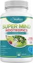 Super Mind - Nootropics Cognitive 증강 인자 - 천연 성분이있는 뇌 부스트 보충 - Bacopa Monnieri - Rhodiola Rosea - Ginkgo Biloba - 미국산 비타민 B12-60 Vegan 캡슐