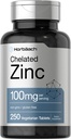 Horbäach Chelated 아연 보충 100mg | 250 정제 | 높은 효능 및 우수한 흡수 | 채식주의, 비 GMO, 글루텐 무료