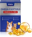 Wellix 순수한 오메가 3 개 & 고양이, 스킨 및 코트 보충, 심장, 피부, 코트, 관절, & 면역 건강, 95% 이상 오메가 3, EPA + DHA, 60 Softgels에 풍부한