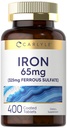 Carlyle Iron Ferrous Sulfate 325mg, 65 mg | 400 정제 | 비 GMO, 글루텐 프리, 채식 보충교재 | 높은 효능