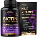 NUTRAHARMONY Biotin | 교원질 | 히알루론산 | 케라틴 - 서포트 정상적인 머리 성장 주기 - 피부 & 못 - 25000mcg 비타민 B1, B2, B3, B6 & B7 - 여성 및 남성 - 미국에서 만든 | 60 캡슐