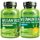 NATURELO 비타민 D - Lichen 기반 식물 - 180 미니 캡슐, Vegan B12, 1000 mcg Methylcobalamin - 90 캡슐