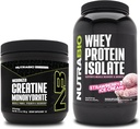 NutraBio Creatine Monohydrate, Unflavored, 150g 및 Whey Protein Isolate, Strawberry Ice Cream, 보충 번들 - 근육 에너지, Lean 근육 성장, 회복 및 힘