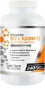 비타민 D3 10,000 IU K2/MK7 100 mcg. 높은 힘 보충교재 8 달 공급. 뼈, 심장 및 면역 지원을위한 비 GMO.