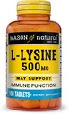 MASON NATURAL L-Lysine 칼슘 500 mg - 향상된 면역 기능, 향상된 영양 흡수, 필수 아미노산, 100 정제