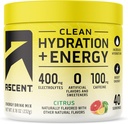 Ascent Clean Hydration + Energy Electrolytes Powder - 100mg 카페인, 400mg Electrolytes, 인공 성분 없음, 시트러스 40 서빙