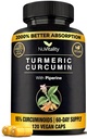 검은 후추 추출물 (Piperine) - 120 Veggie Tumeric 캡슐 - 프리미엄 95 % 표준 Curcuminoids - 높은 흡수 및 효능 - 공동 지원 보충
