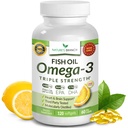 최고의 트리플 강도 오메가 3 생선 기름 알약 2400mg | 120 캡슐 | Burpless High Potency Lemon flavor | 864mg EPA 576mg DHA Ultra Pure Liquid Softgels | 뇌 관절 눈 머리 심장 건강 보충교재