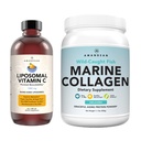 Marine Collagen Powder + 비타민 C - 콤보 내의 완벽한 피부. 야생 겁에 질린 Cod 물고기 펩티드, Liposomal VIT C 액체 1000mg. 건강한 노후화, 아름다움, 웰니스를 위한 생산 그리고 종합.