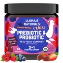 Llama Naturals Kids Probiotics with Prebiotic Fiber, Vegan, Organic Prebiotics and Probiotics Gut Health Support, Toddler Real Fruit Gummy Vitamins, No add Sugar Cane, 혼합 Berry, 60 Ct