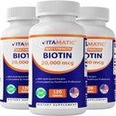 Vitamatic 높은 효능 Biotin 20000 mcg (20mg) Keratin 100mg - 120 채식 정제 - 성인을위한 건강한 머리 피부 및 손톱을위한 Biotin 보충제 (120 카운트 3))