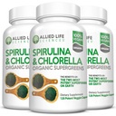 Allied Life Spirulina and Chlorella | 유기농 Chlorophyll Vegan Protein Powder Green Superfood Capsule | 천연 면역 지원(3 병 팩)