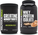 NutraBio Creatine Monohydrate, Unflavored, 500g 및 Whey Protein Isolate, Cinnamon Sugar Donut, 보충 번들 - 근육 에너지, Lean 근육 성장, 회복 및 힘